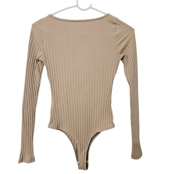 Labiz Bodysuit Womens Small One-Piece Ribbed Knit Cut Out Long Sleeve Beige - Picture 2 of 13